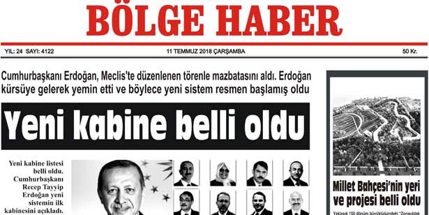 11 TEMMUZ ÇARŞAMBA 2018 BÖLGE HABER GAZETESİ... SABAH BAYİLERDE....