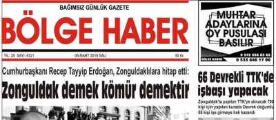 06/03/2019 TARİHLİ BÖLGE HABER GAZETESİ... SABAH BAYİLERDE...