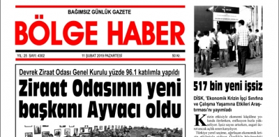 11/02/2019 TARİHLİ BÖLGE HABER GAZETESİ... SABAH BAYİLERDE...