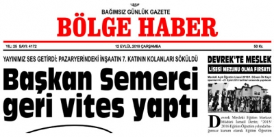 12 EYLÜL ÇARŞAMBA 2018 BÖLGE HABER GAZETESİ... SABAH BAYİLERDE....