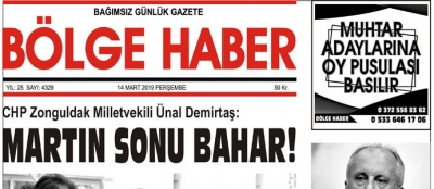 14/03/2019 TARİHLİ BÖLGE HABER GAZETESİ... SABAH BAYİLERDE...