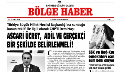 17/12/2018 TARİHLİ BÖLGE HABER GAZETESİ... SABAH BAYİLERDE...