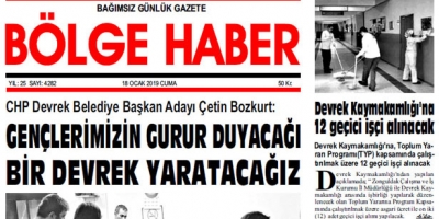 18/01/2019 TARİHLİ BÖLGE HABER GAZETESİ... SABAH BAYİLERDE...