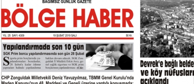 19/02/2019 TARİHLİ BÖLGE HABER GAZETESİ... SABAH BAYİLERDE...