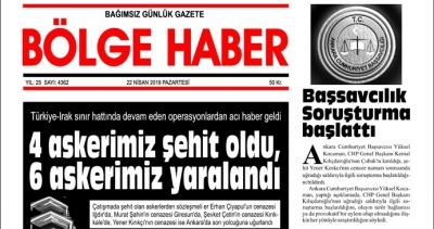 22/04/2019 TARİHLİ BÖLGE HABER GAZETESİ... SABAH BAYİLERDE...
