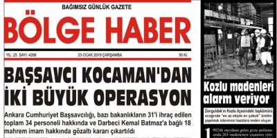 23/01/2019 TARİHLİ BÖLGE HABER GAZETESİ... SABAH BAYİLERDE...