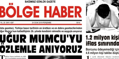 24/01/2019 TARİHLİ BÖLGE HABER GAZETESİ... SABAH BAYİLERDE...
