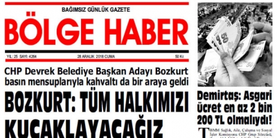 28 ARALIK 2018 CUMA… BÖLGE HABER GAZETESİ SABAH BAYİLERDE…