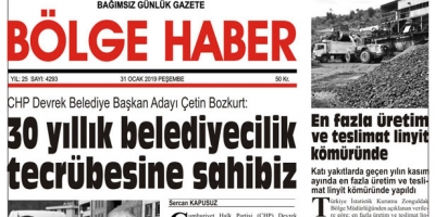 31/01/2019 TARİHLİ BÖLGE HABER GAZETESİ... SABAH BAYİLERDE...